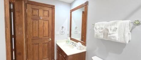 A bathroom with a wooden door, a mirror, a toilet, and a towel rack.