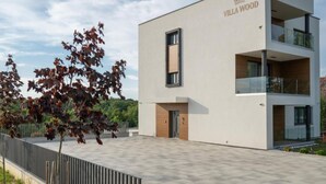 A modern villa with a minimalist design, featuring a flat roof, large windows, and a prominent entrance. - Apartments Villa Wood (Ivanic-Grad)