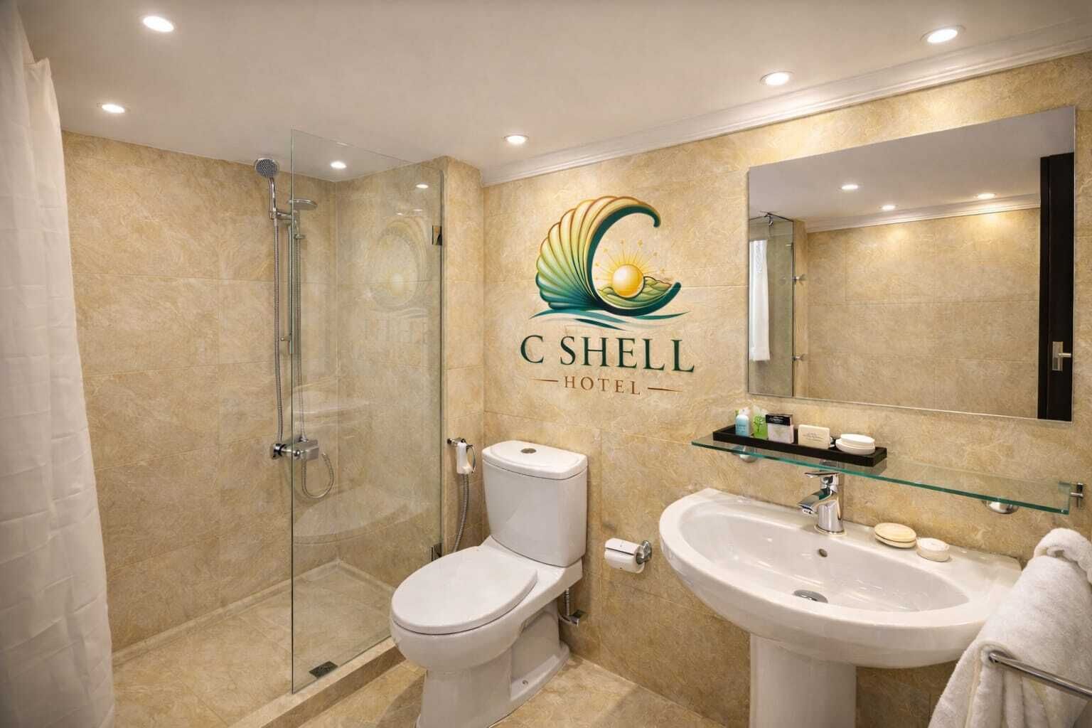 Separate tub and shower, towels, soap, shampoo