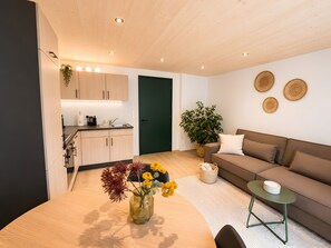 En moderne opholdsstue med køkken, spiseplads og siddeområde.
