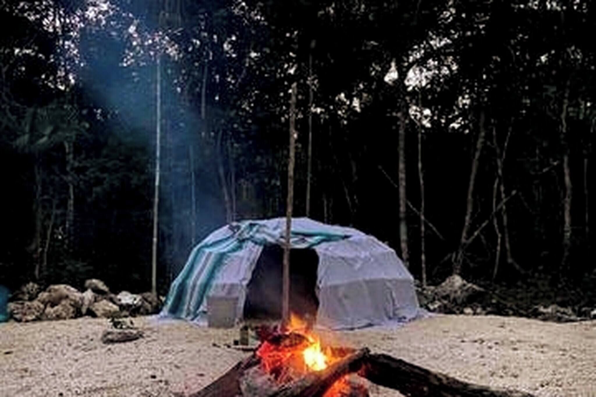 Tienda de campaña con fuego al frente, rodeada de árboles.