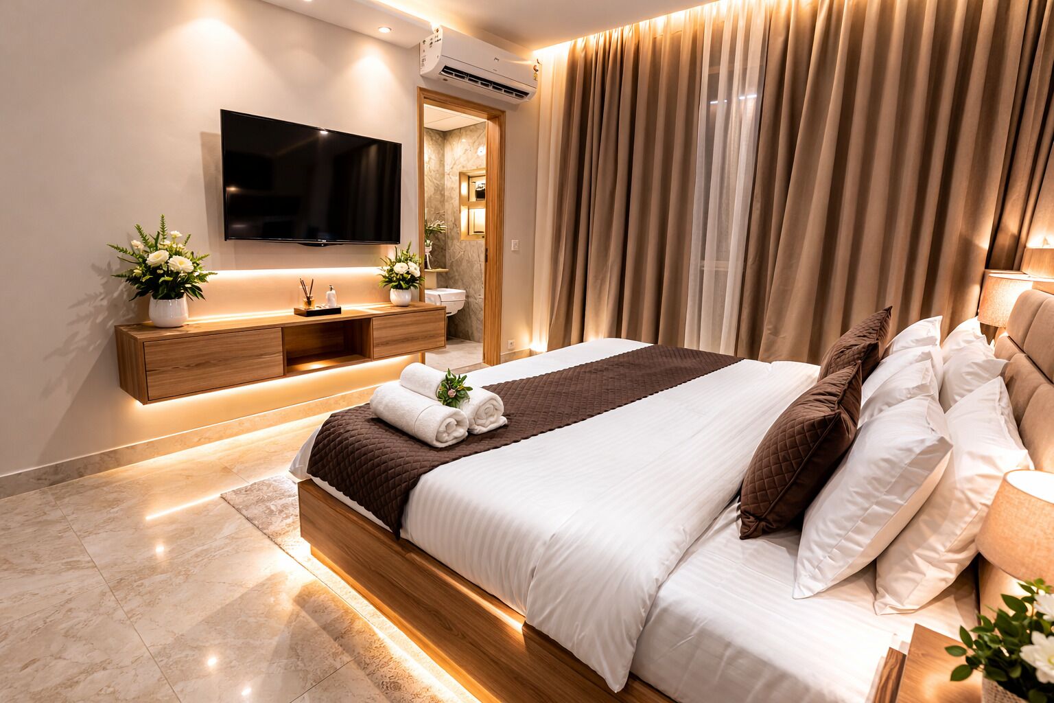 Desk, laptop workspace, blackout curtains, soundproofing