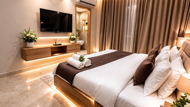 A modern hotel bedroom with a large bed, a flat-screen TV, a wooden console, and a bathroom visible through a door. - Dreamwood Hotel Near Sec 29 Gurgaon  (Gurugram)