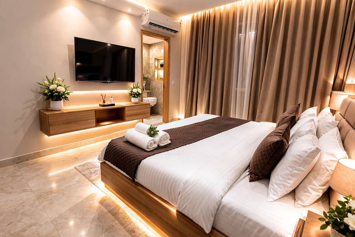 A modern hotel bedroom with a large bed, a flat-screen TV, a wooden console, and a bathroom visible through a door.
