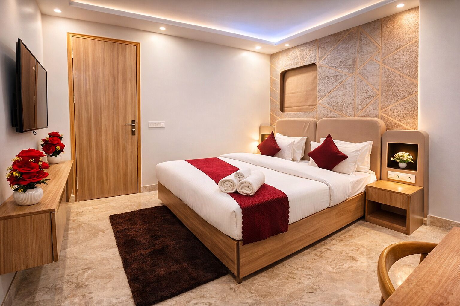 A modern bedroom with a wooden bed, red accents, a TV, and a nightstand with a vase of flowers.