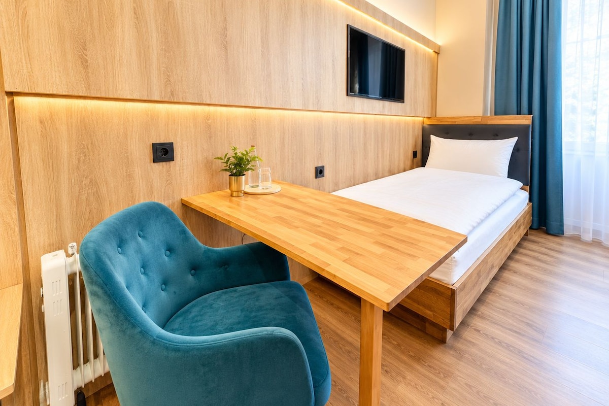 A modern hotel room with a wooden headboard, a flat-screen TV mounted above the bed, a wooden desk with a chair, and a small potted plant on the desk.