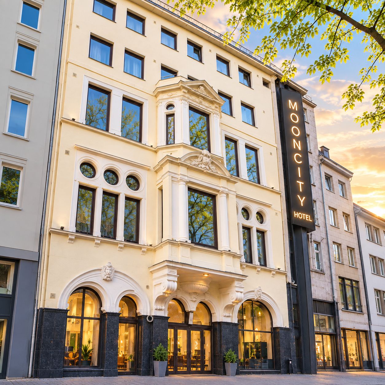 A hotel with a classical facade, large windows, and a prominent sign.