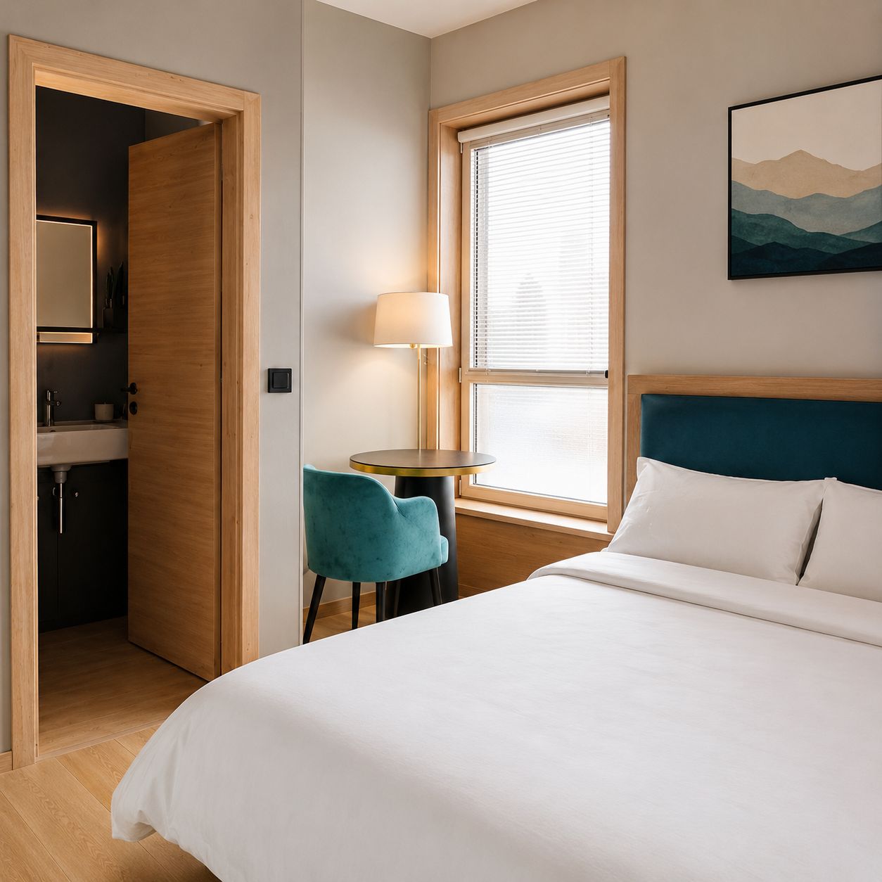 A hotel room with a bed, a desk, a chair, a lamp, a window with blinds, and a painting on the wall.