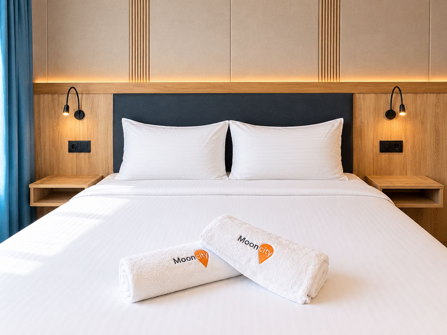 A hotel room with a large bed, two pillows, two bedside tables with lamps, and a pair of towels with a logo.