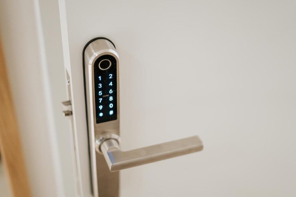 A door with a numeric keypad lock.