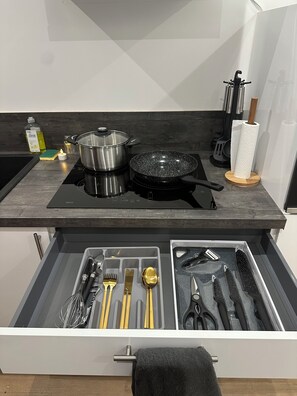 Frigorífico, microondas, horno y placa de cocina