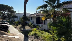 Zona residencial con un gran árbol, un camino y una casa de fachada blanca y tejado de tejas.