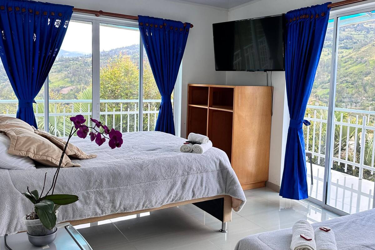 Een hotelkamer met twee bedden, een televisie, een kledingkast en een balkon met uitzicht op de heuvels.