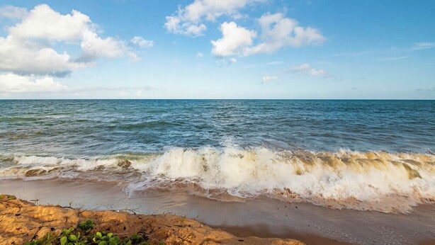 A beach with waves crashing onto the shore under a clear sky. - Casa com churrasq e Wi-fi prox. de lindas praias (Santa Cruz Cabrália)