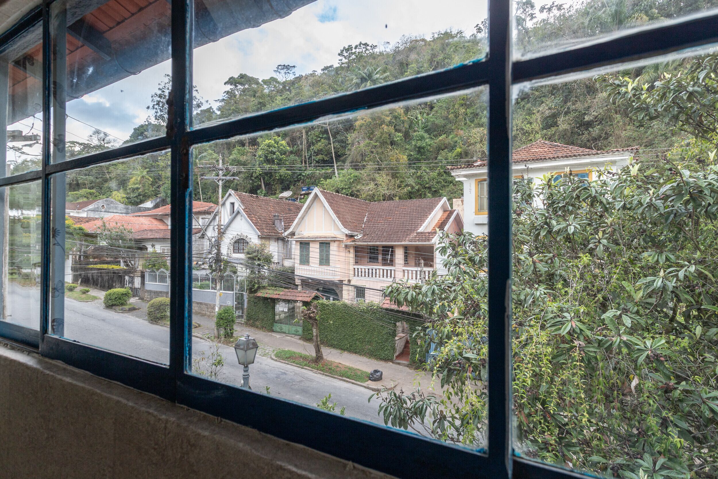A view through a window of a residential street with houses, a lamp post, and greenery.