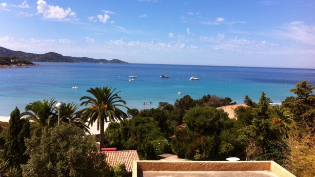 A coastal view with boats on the water, trees, and a clear sky.