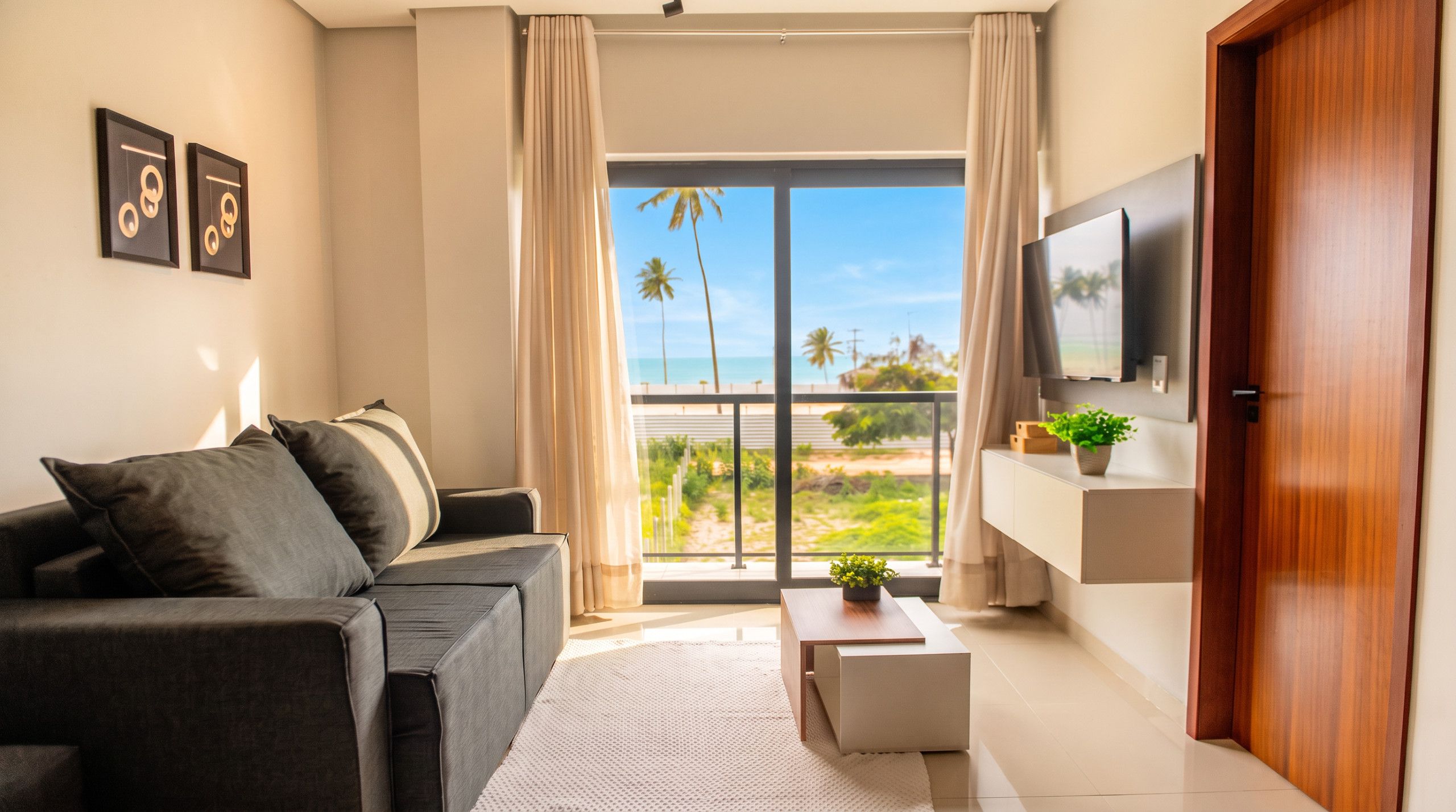 A modern living room with a sofa, a coffee table, a flat-screen TV, and a view of the beach.