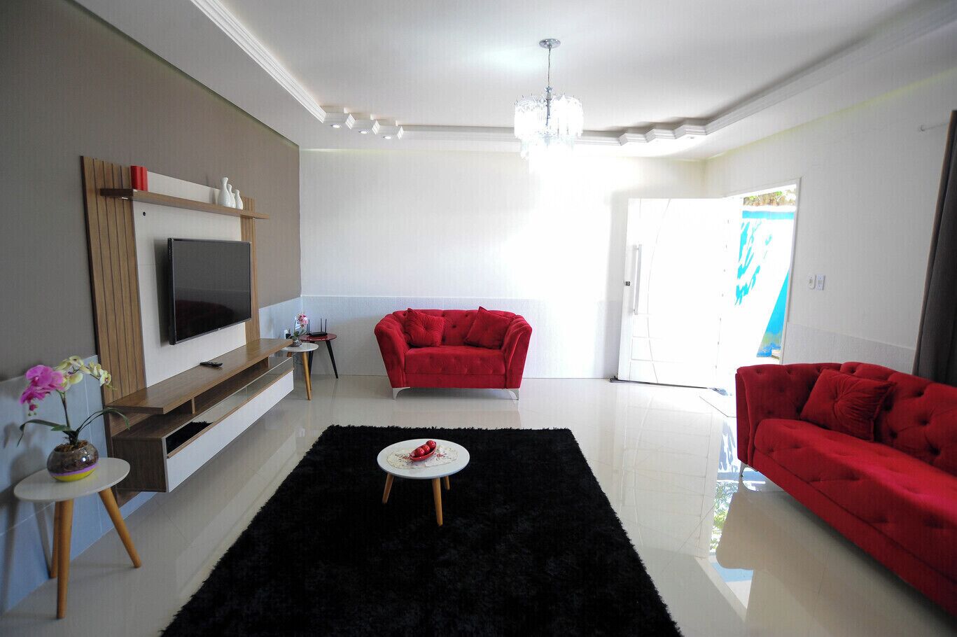 Een moderne woonkamer met een flatscreen televisie, twee rode banken, een zwart tapijt en een kleine ronde tafel met een bloemenvaas.