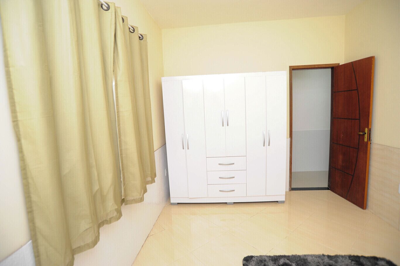 A room with a wardrobe, a door, and a rug.