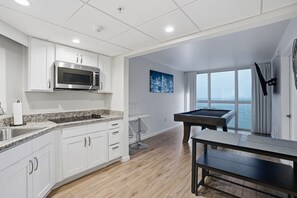 Fridge, microwave, dishwasher, coffee/tea maker