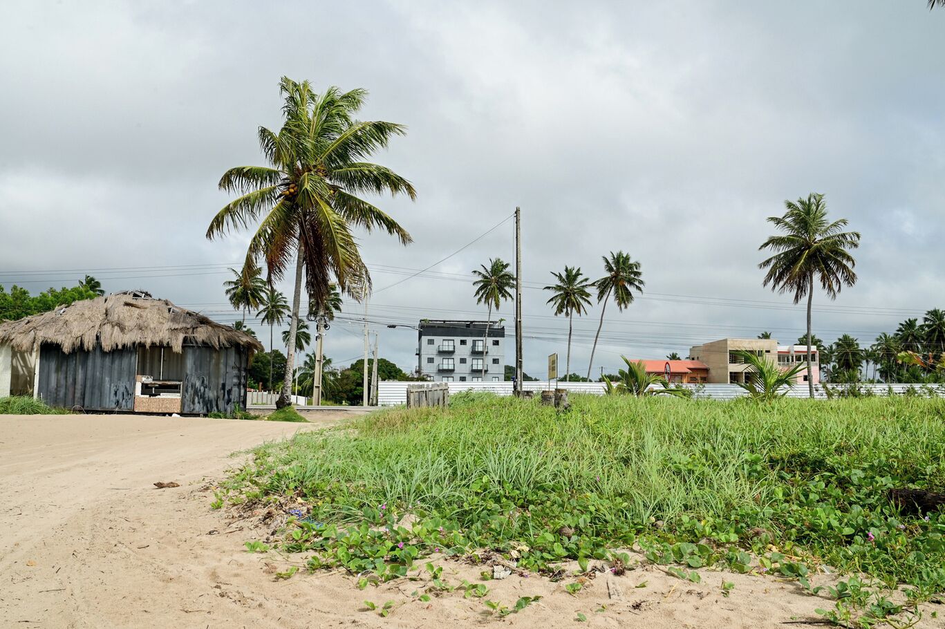 Paisagem rural com uma cabana de palha, palmeiras e um edifício de vários andares ao fundo.