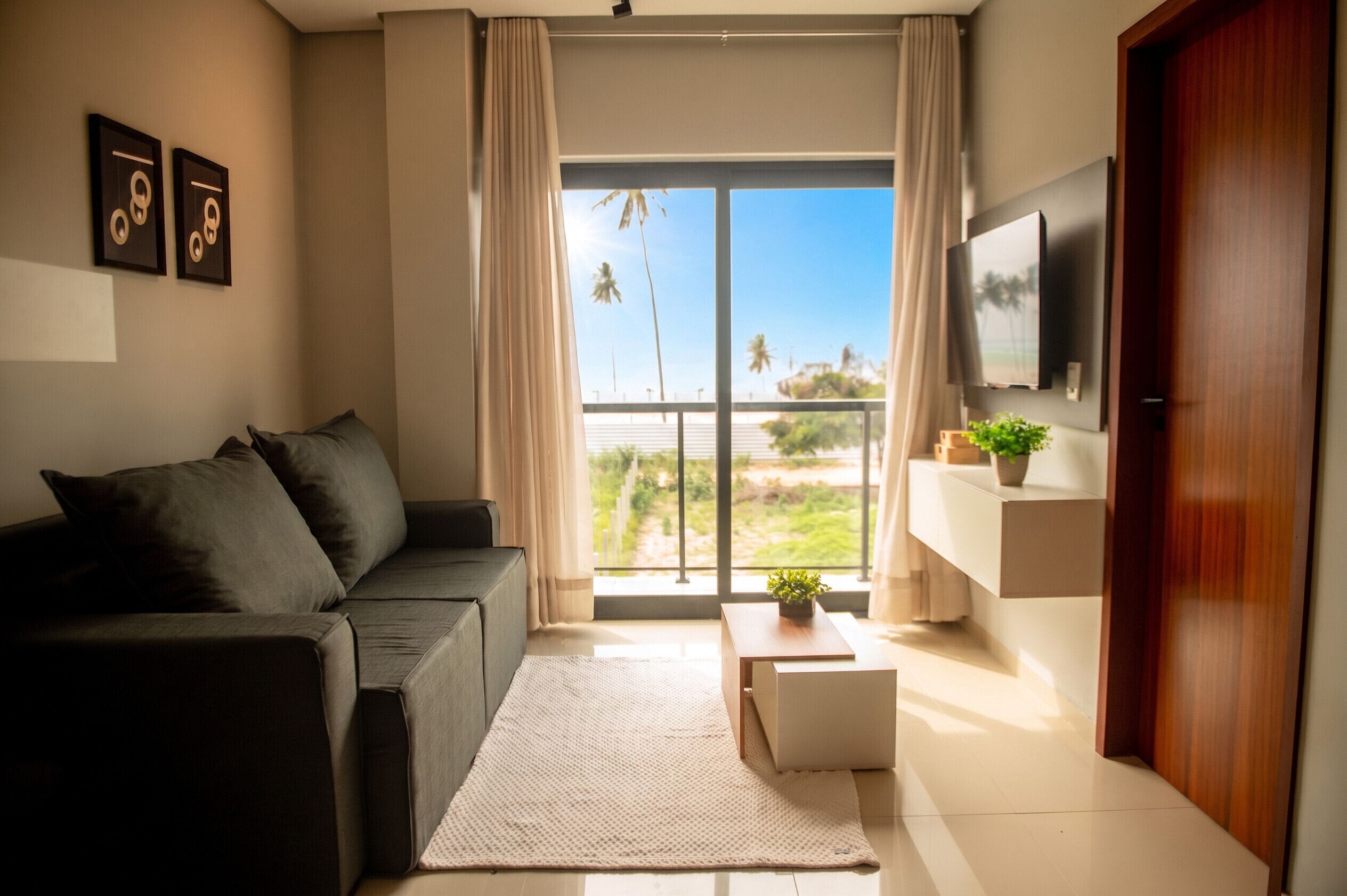 A modern living room with a sofa, a flat-screen TV, a small table with a plant, and a view of palm trees through the window.