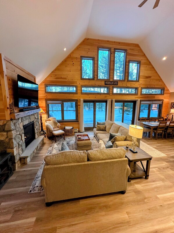 Smart TV, fireplace, books, computer monitors