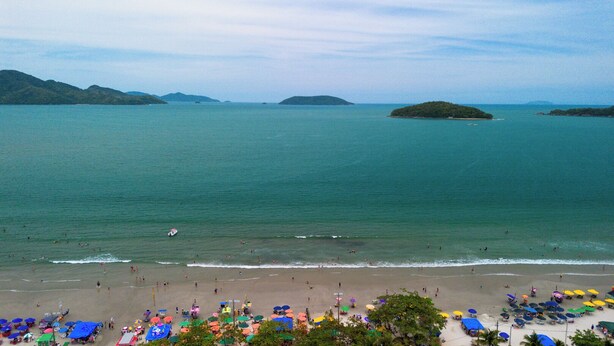 Una playa con sombrillas y gente.