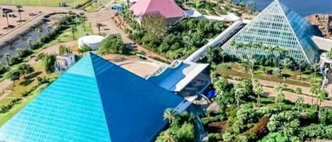 A large pyramid-shaped building with a blue roof, surrounded by greenery and a parking area.