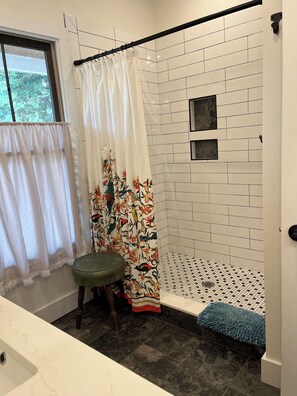 Shower, hair dryer, towels, soap