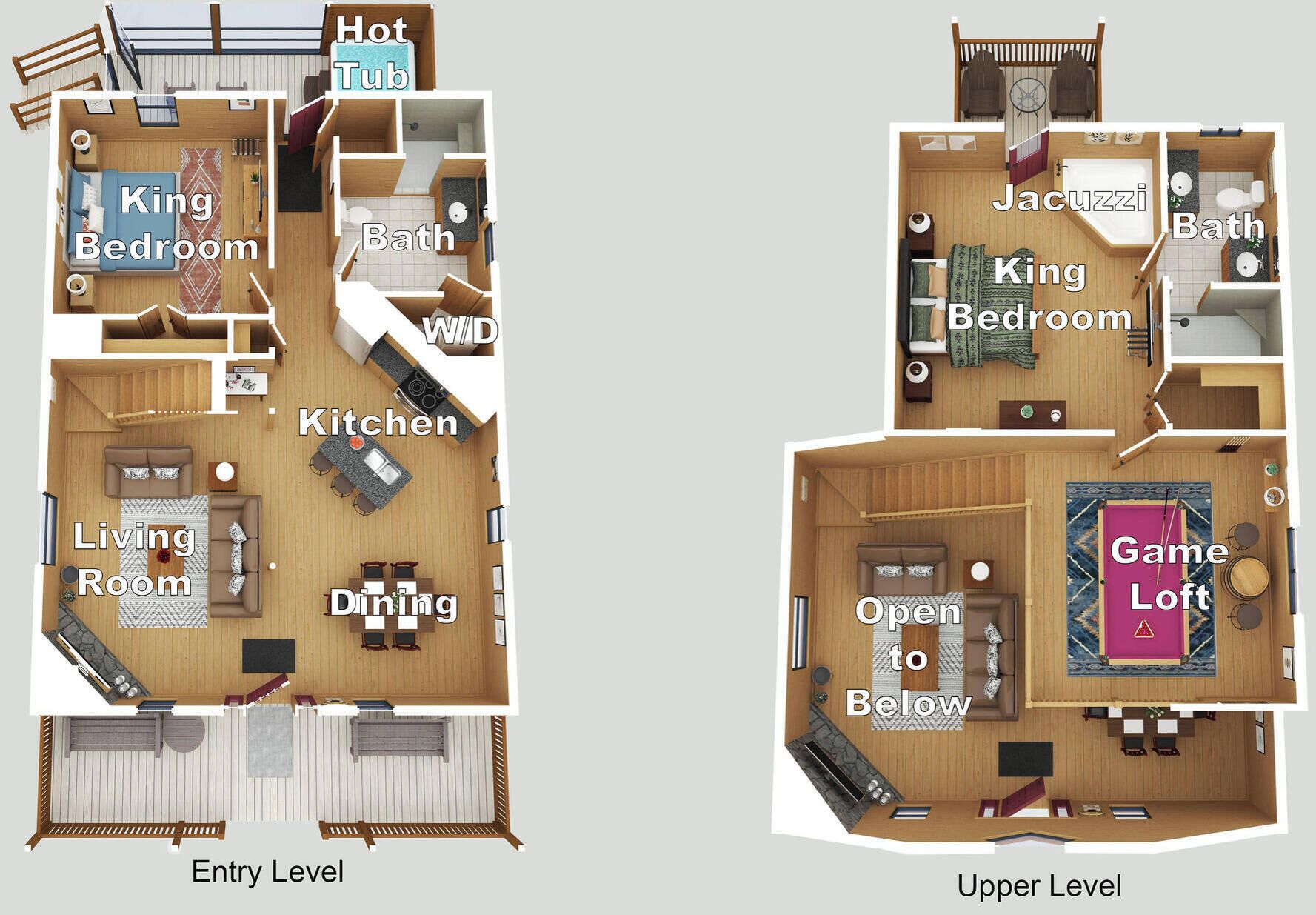 A two-level hotel layout with a king bedroom, jacuzzi, and game loft on the upper level, and a king bedroom, bathroom, and dining area on the entry level.