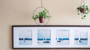 A wooden bench with a plant and pillows, a framed picture of sailboats, and a hanging plant. - POUSADA MUCURIPE (Fortaleza)