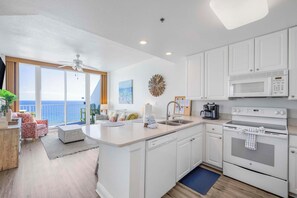 Fridge, microwave, oven, stovetop - Lighthouse 1416 • Gulf-Front Condo in Gulf Shores • Walk to Dining + Fun 🎶 (Gulf Shores)