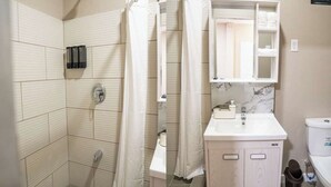 Une salle de bain équipée d’une douche, d’un lavabo, d’un miroir et de toilettes.