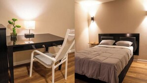 Une chambre à coucher avec un lit, une table de chevet et une commode.