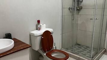 Shower, towels, soap, toilet paper