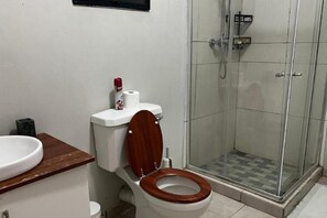 Regadera, toallas, jabón, papel de baño 