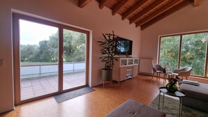 Een moderne woonkamer met een grote schuifpui, een flatscreen televisie, een potplant, een bank en een eethoek met stoelen.