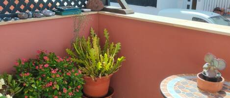 En balkon med plantekasser, et lille bord og en stol.