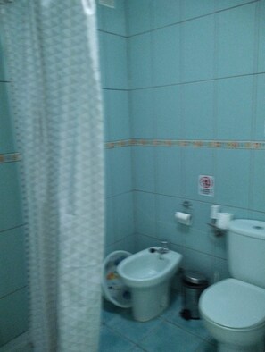 Ein Badezimmer mit Duschvorhang, Bidet, Toilette und Mülleimer.