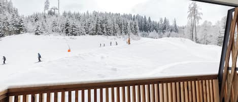 A view of a snowy ski slope through a window with wooden slats.