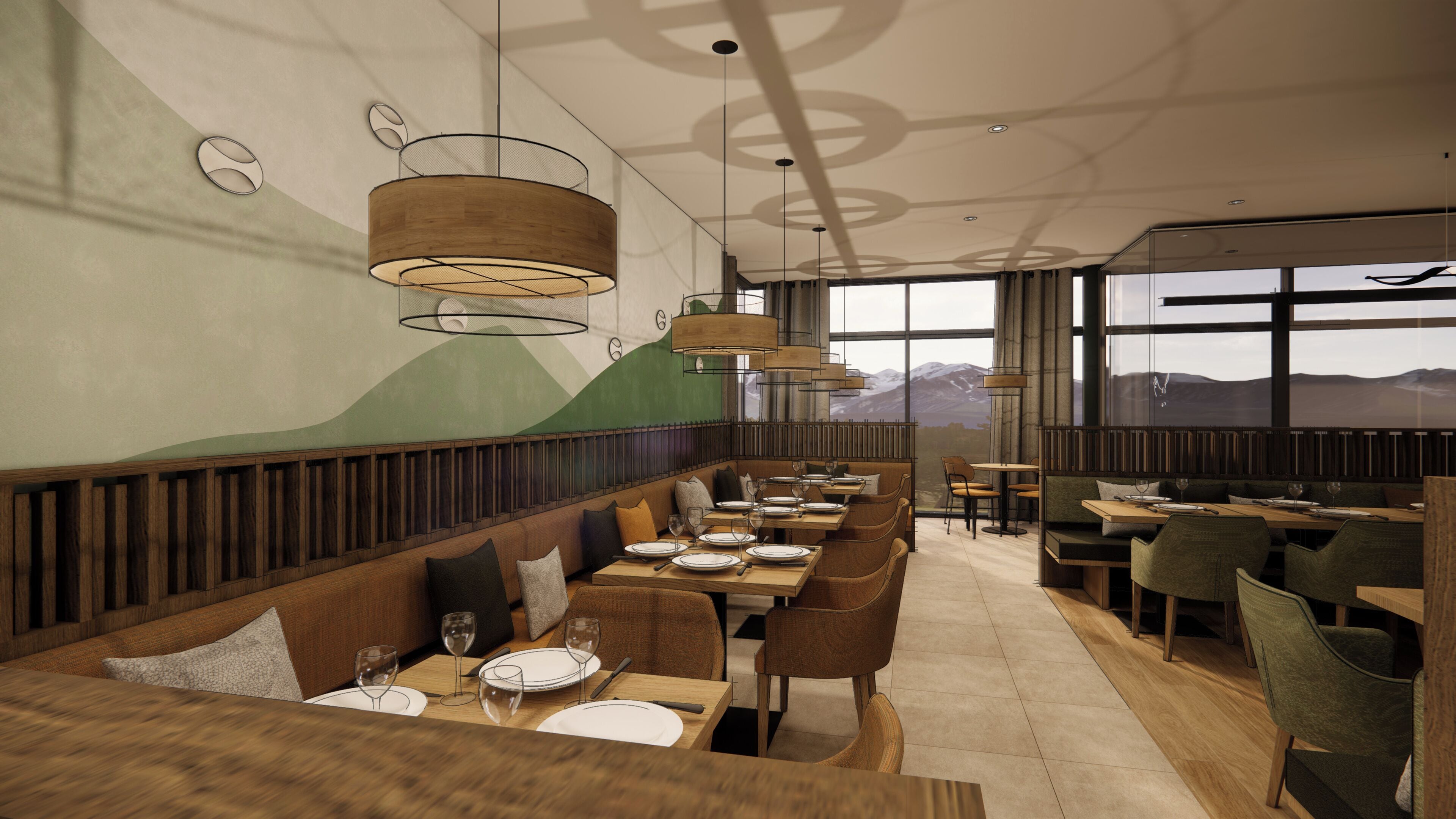 A restaurant with wooden booths and tables, large windows with a mountain view, and hanging pendant lights.