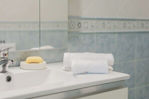 Een douche, een haardroger, een bidet, handdoeken