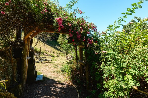 Un jardín con un porche de madera cubierto de flores rosas, una mesa de picnic y un sendero de tierra.