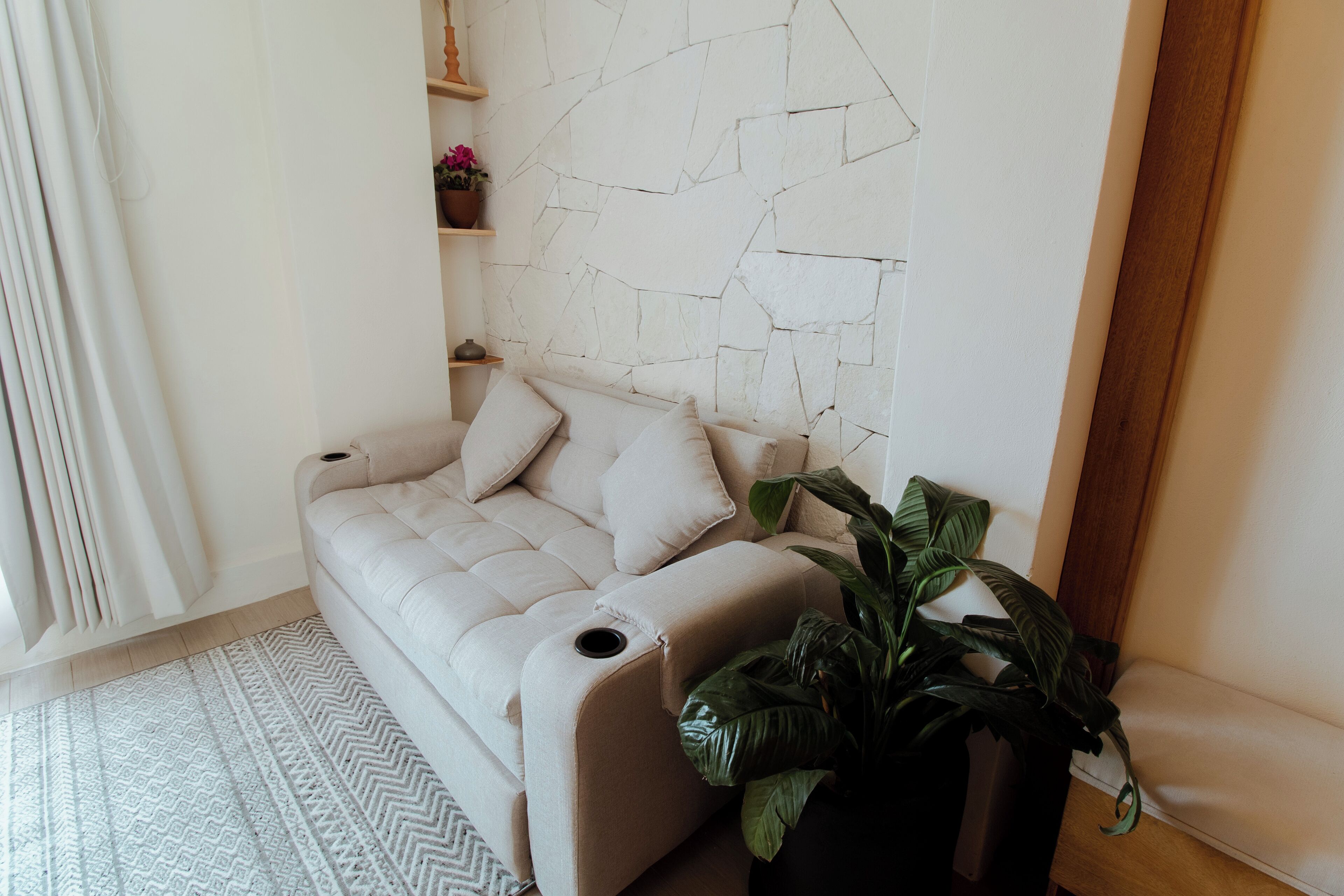 A modern living room with a beige sofa, a textured wall, a potted plant, and a patterned rug.