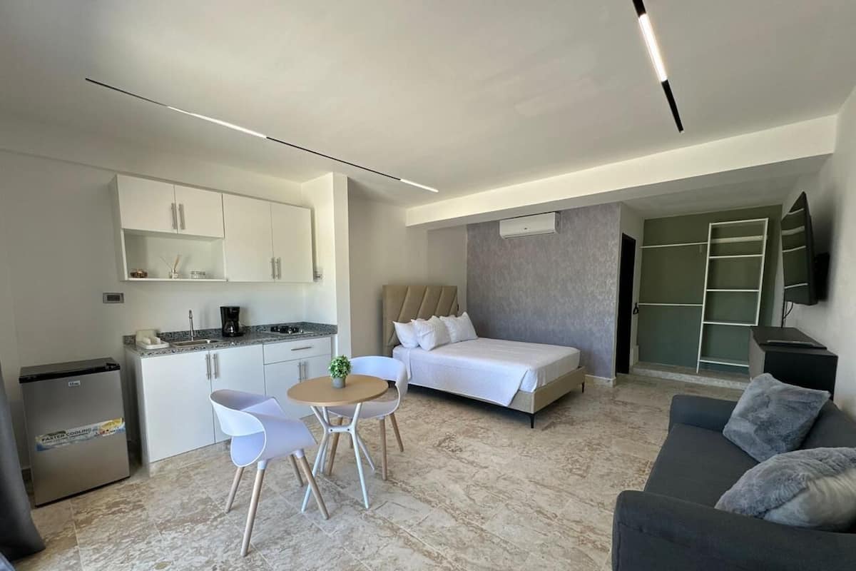 A compact living space with a kitchenette, a bed, a sofa, and a dining area.