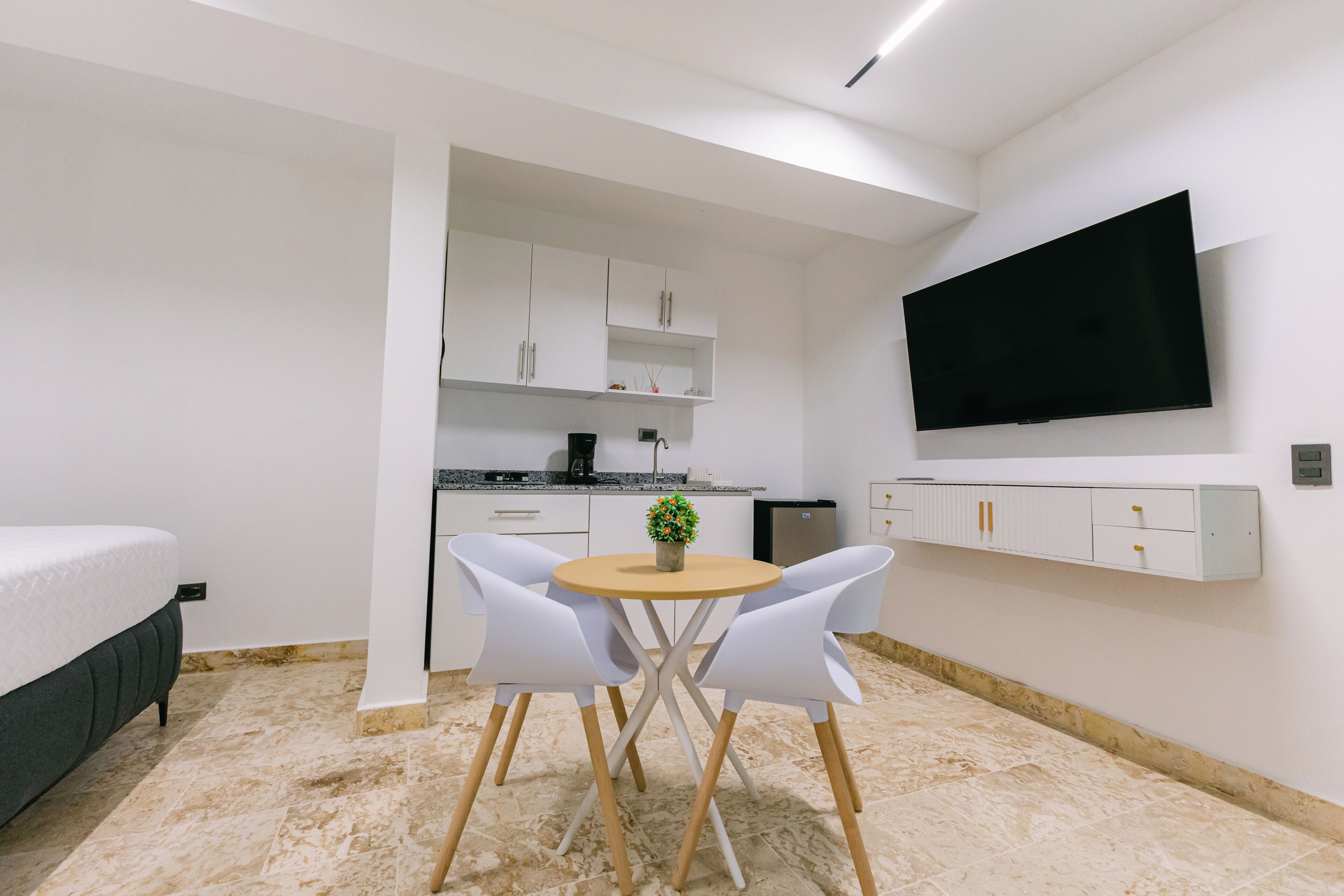 A compact room with a bed, a small dining table with two chairs, a kitchen area with cabinets, a TV mounted on the wall, and a potted plant on the table.