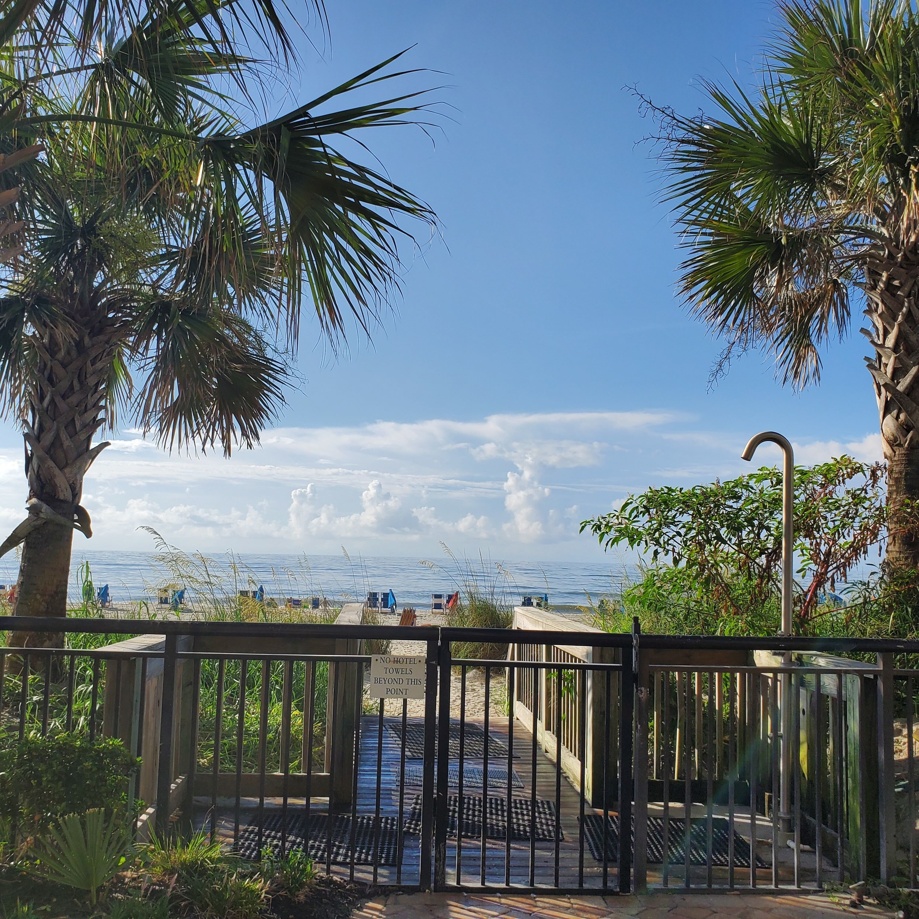 A beach view with palm trees, a wooden walkway, and a sign indicating no hotel towels beyond a certain point.