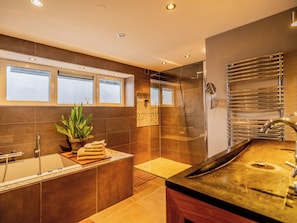Hair dryer, towels, soap, toilet paper
