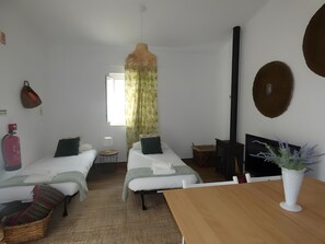 Ein Zimmer mit zwei Betten, einem Fernseher, einem Kamin und einem fensterbepflanzten Fenster.